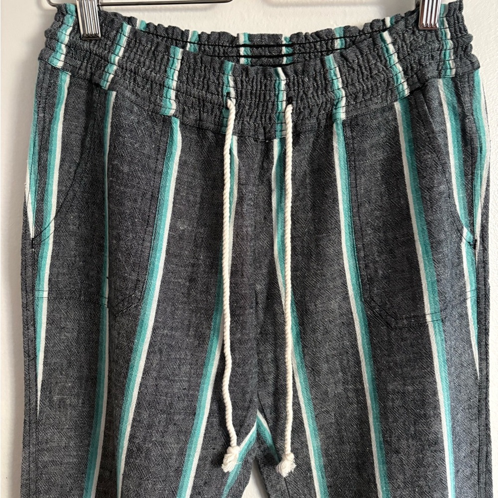 Roxy Oceanside Yarn Linen Cotton Blend Gray Striped Wide Leg Pants Medium - Picture 4 of 14